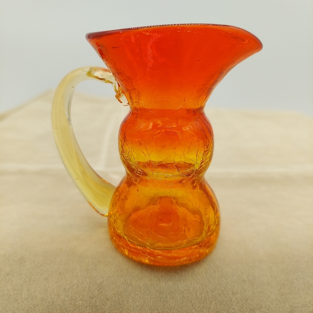 Orange Amberina Crackle Glass Small Pitcher Vase Handblown Glows Blacklight